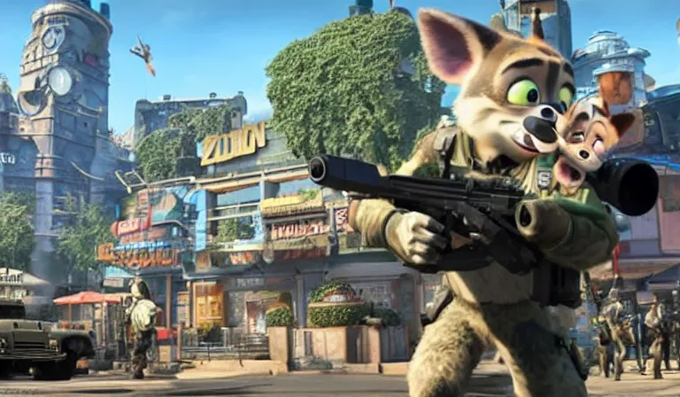 Image similar to screen shot of Call of Duty : Disney, in Zootopia city, Gun at bottom of screen