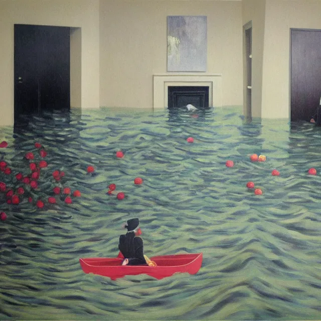 Image similar to painting of flood waters inside an apartment, tall female emo art student, a river flooding indoors, tangelos, zen, pigs, ikebana, water, river, rapids, waterfall, black swans, canoe, pomegranate, berries dripping, acrylic on canvas, surrealist, by magritte and monet