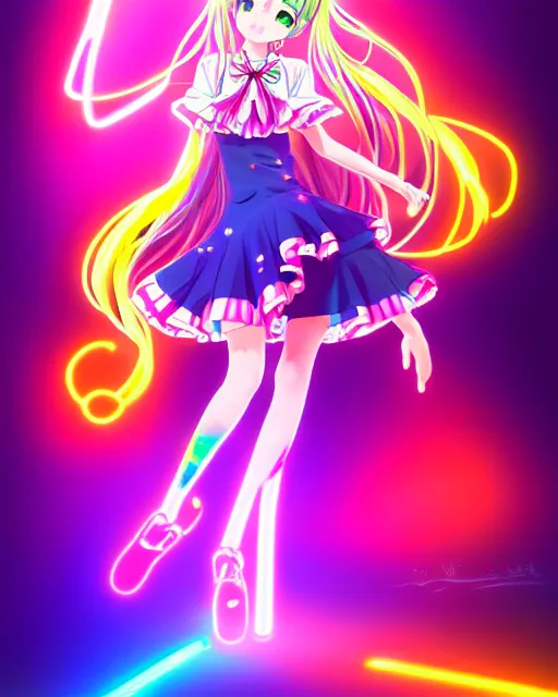 Image similar to anime style, vivid, expressive, full body, 4 k, painting, a cute magical girl idol with a long wavy colorful hair wearing a colorful dress, correct proportions, stunning, realistic light and shadow effects, neon lights, studio ghibly makoto shinkai yuji yamaguchi