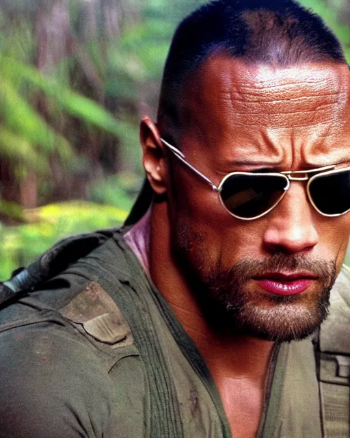 Prompt: film still close - up shot of dwayne johnson from the movie predator. wearing wearing sunglasses. photographic, photography