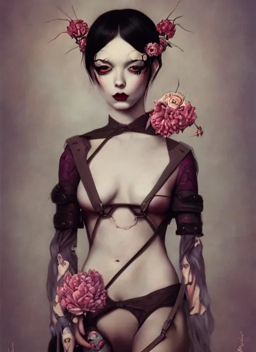 Image similar to pop surrealism, lowbrow art, realistic cute girl painting, body harness, japanese shibari with flowers, hyper realism, muted colours, rococo, natalie shau, tom bagshaw, trevor brown style,