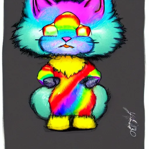 Image similar to wide angle full body, of a fluffy cute rainbow kitten wearing a black leather motorcycle jacket, concept art