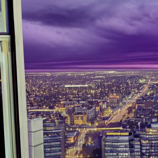 Prompt: <photograph accurate=true quality=very-high>looking out the window at a busy city street</photograph><augment>purple sky</augment>