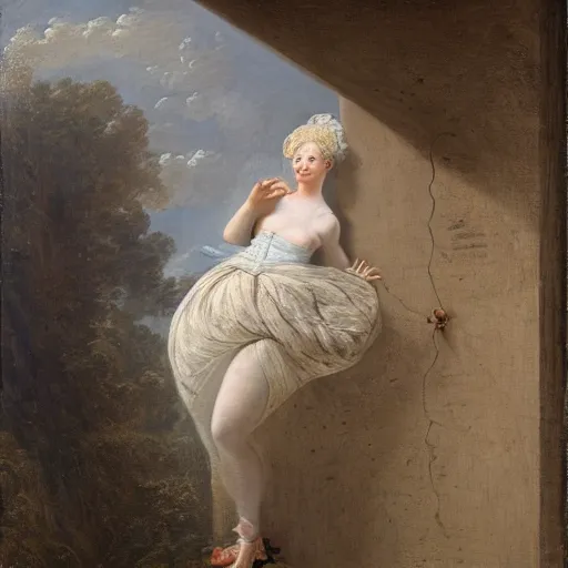 Prompt: thin, blonde women, lost on a labyrinth of concret building, in style of Jean-Honore Fragonard, surrealist