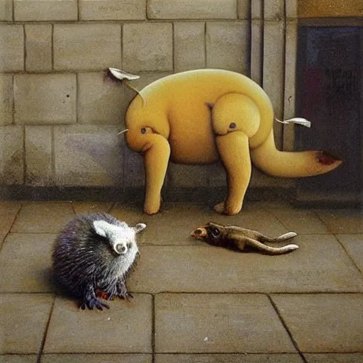 Image similar to by emma geary, by michael sowa. a beautiful street art of a group of creatures that looks like a mix of different animals. most of the creatures have human - like features, such as arms & legs, & some are standing upright while others are crawling or flying.