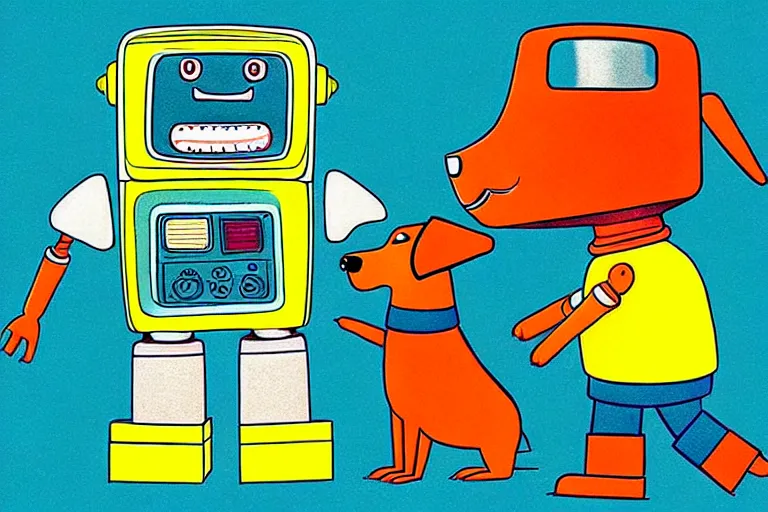 Prompt: a ( ( ( ( ( ( ( ( detailed illustration of a robot and a dog ) ) ) ) ) ) ) ) by richard scarry!!!!!!!!!!!!!! detailed