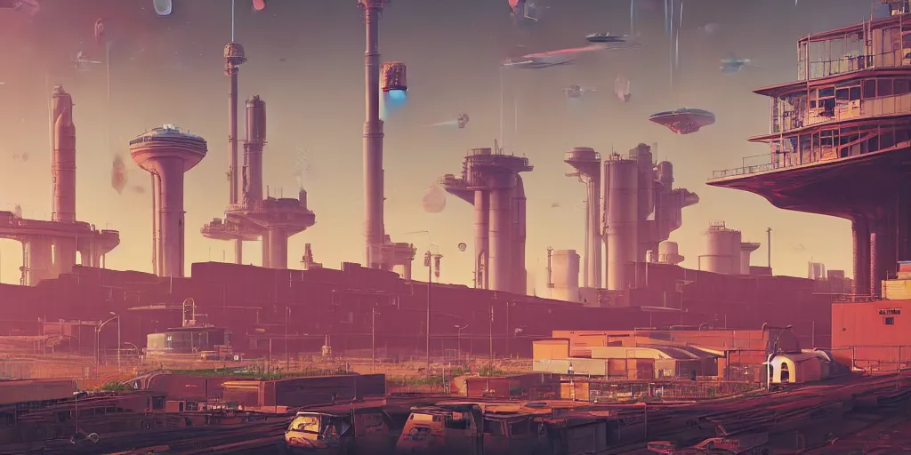 Image similar to a beautiful realistic photo of a dystopian world with factories in the background, synthetic retro vibes, peaceful sea by simon staylenhag, no mans sky, spaceship, x-wing, star wars, planets in background, ivy on the buildings, high depth of field, architecture, ricardo bofill architecture, vray, unreal engine 5, Trending on artstation