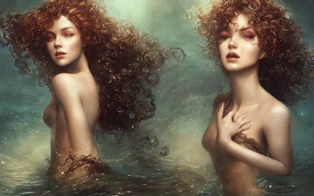 Image similar to beautiful mermaid with curly hair, dreamscape, magical details, magical atmosphere, cinematic lighting, hyper - detailed, cgsociety, 3 - d 8 k, high resolution, in the style of charlie bowater, tom bagshaw, alexis franklin, elena masci, pawel rebisz