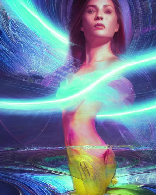 Image similar to a powerful beautiful energy woman, by alexander fedosav, hyper detailed digital matte painting, concept art, hyperrealism, 1 6 k resolution, cinema 4 d, 8 k resolution, trending on artstation, behance hd, a masterpiece, by stephan martiniere, particles, cel - shaded, power bright neon energy, by david a. hardy,