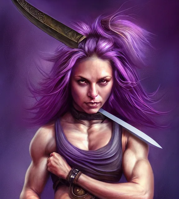 Image similar to muscular female warrior holding giant dagger, perfect face, diadem, black halter top, purple hair, abs, cinematic, blush, stunning, athletic, strong, agile, highly detailed, psychedelic, digital painting, artstation, smooth, hard focus, illustration, art by jessica rossier and and brian froud