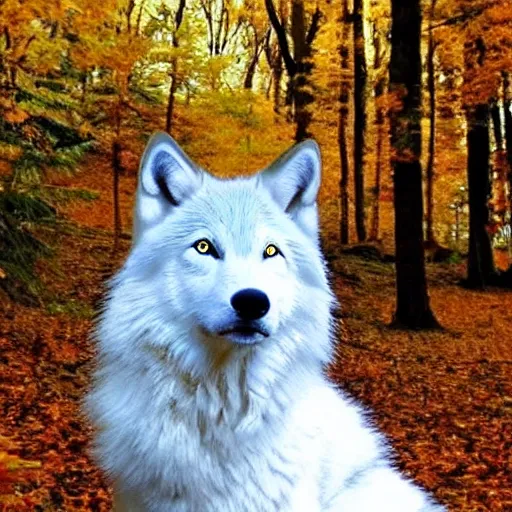 Image similar to white wolf with blue eyes in the autumn forest, blue eyes, realistic, 8 к, fullbody