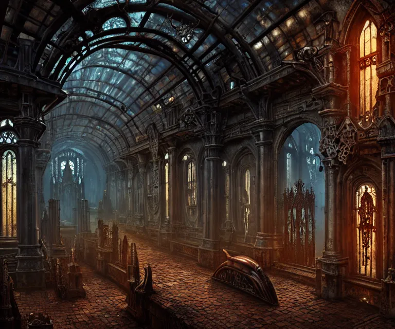 Image similar to steam necropolis, memento mori, gothic, neo - gothic, art nouveau, hyperdetailed copper patina medieval icon, stefan morrell, philippe druillet, ralph mcquarrie, concept art, steampunk, unreal engine, detailed intricate environment, octane render, moody atmospherics, volumetric lighting, ultrasharp, ominous, otherworldly