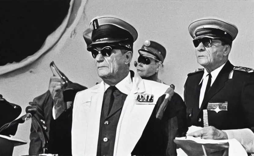 Prompt: 60s movie still of Josip Broz Tito with his general's cap delivering a speech at a great ceremony by Irving Penn , kodakchrome, heavy grainy picture, very detailed, high quality, 4k, HD criterion, precise texture