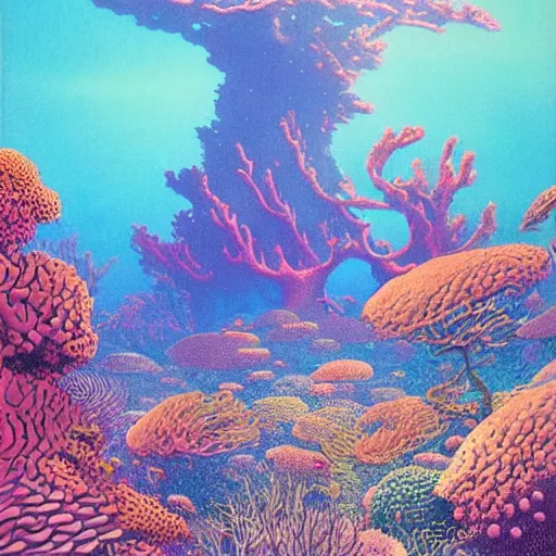 Prompt: a beautiful painting of an enchanting coral reef filled with exotic fish and magical energy by moebius and bruce pennington, studio ghibli art, gradient shading