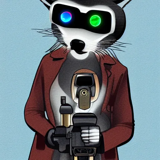 Image similar to racoon holding a laser gun, digital art , centred award winning 4K