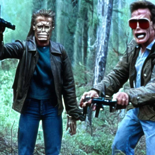 Prompt: harry and the hendersons as the terminator, 4 k hd film still, terminator, red eye, cyborg