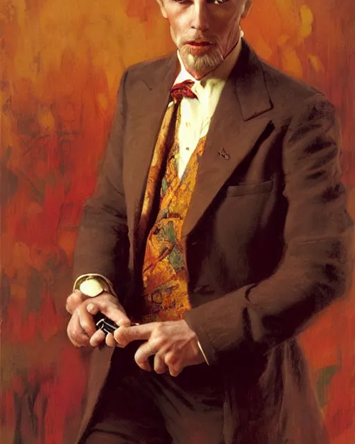 Image similar to handsome gaunt man with receding hair, in a smoking jacket, holding a pipe, warm colors, hard angles, painting by gaston bussiere, craig mullins, j. c. leyendecker