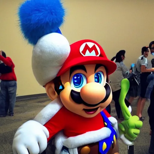 Image similar to super mario at a furry convention, very detailed