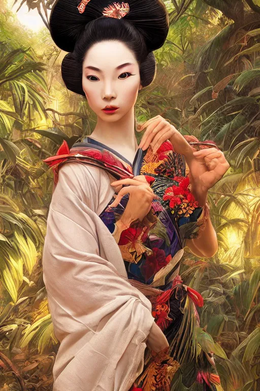 Image similar to stunningly beautiful, peruvian geisha prima ballerina in jungle, symmetrical face, golden hour, smooth, focus, highly detailed, hyper realistic, dramatic lighting, elegant, intricate, concept art, art by wlop, mars ravelo, greg rutowski, artstation