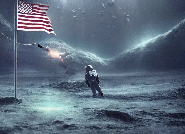 Image similar to astronaut holding a flag in an underwater desert. a submarine is visible in the distance. dark, concept art, cinematic, dramatic, atmospheric, 8 k, trending on artstation, blue, fish, low visibility, fog, ocean floor, christopher nolan, interstellar