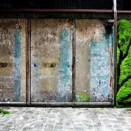 Prompt: Taiwan holiday alley, roller shutter doors, some residential doors and plants, concrete stones brickwork tiles, road, metal Taiwanese architecture doors rust a bit of mould stripped paint and discoloured old concrete walls with cracks some moss cinematic nature plants split lighting shallow depth of field 40mm lens