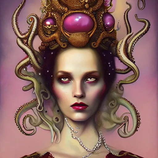 Prompt: queen of octopus with pearls embedded, portrait, pink and gold, nouveau, beautiful, by Anato Finnstark, Tom Bagshaw, Brom