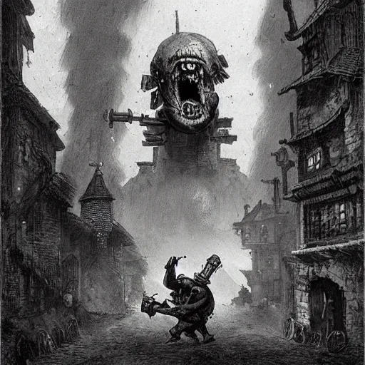 Image similar to a huge four legged creature with a cannon for a head, men in uniforms operate cannon, the creature is walking through the streets of a medieval city, illustration, rpg, hubert robert, dying earth, body horror