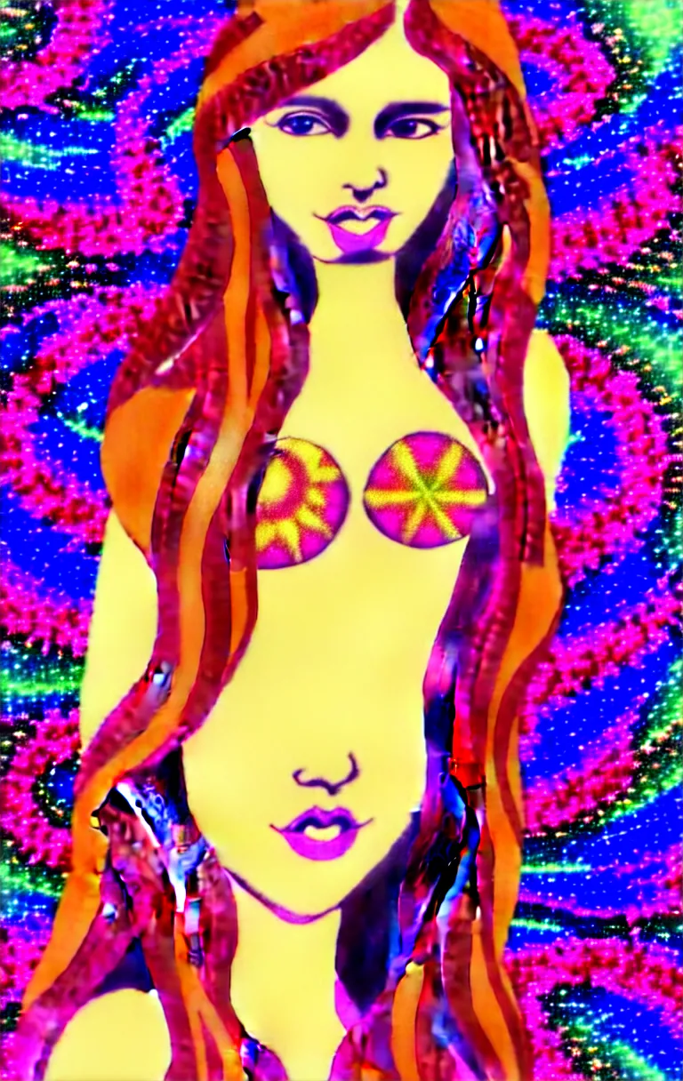 Prompt: beautiful hippie girl illustration, closeup in bikini over psychedelic sacred geometry hallucination