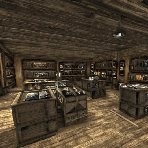 Image similar to iphone reseller store in the middle of whiterun, 3 dgc, wide shot, skyrim, oblivion, pc game, gameplay screenshot