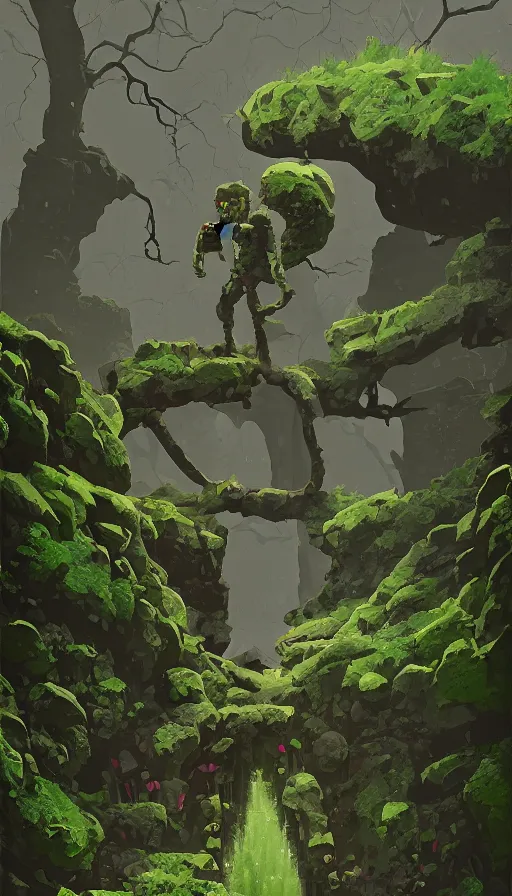 Prompt: stone golem, moss and ivy, true evil, dormant, broken, calling a traveller nearby, sharp focus, james gilleard, cinematic, game art, extremely detailed digital painting, print