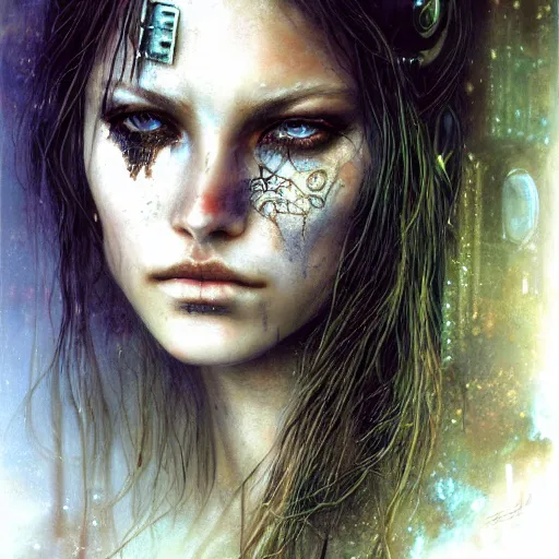 Image similar to an award finning closeup facial portrait by luis royo and john howe of a very beautiful and attractive female bohemian cyberpunk traveller aged 1 7 with green eyes and freckles in clothed in excessively fashionable cyberpunk gear and wearing ornate warpaint