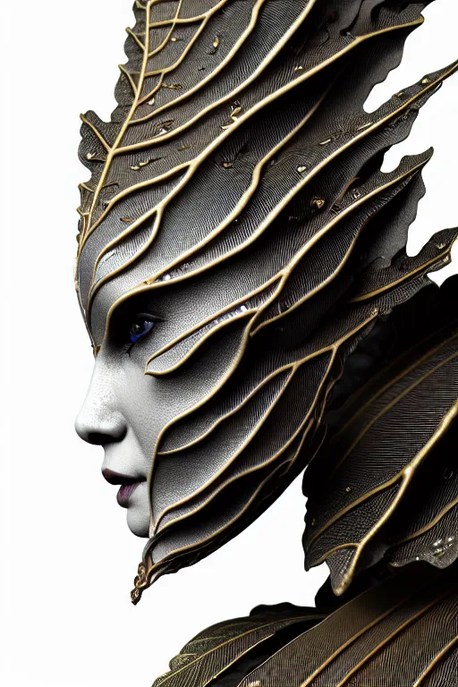 Prompt: close - up profile face, black background, beautiful young porcelain vegetal - dragon - cyborg - female, 1 5 0 mm, beautiful natural soft rim light, silver gold details, magnolia leaves and stems, roots, mandelbot fractal, elegant, hyper real, ultra detailed, white metallic armour, octane render, 1 6 k