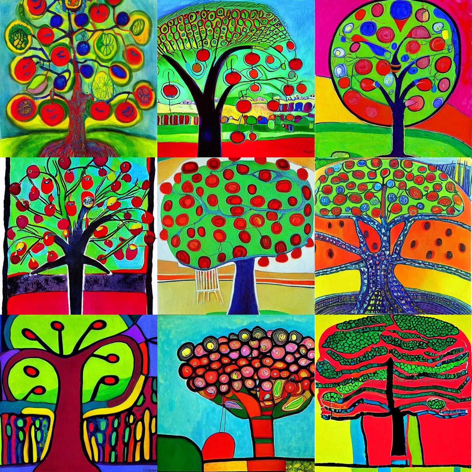 Prompt: a colorful painting by Hundertwasser of a fruit tree, smooth, sharp, sunny