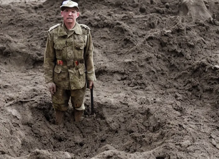 Prompt: a man wearing a dirty gray soldiers uniform stands in an 8 foot deep muddy pit