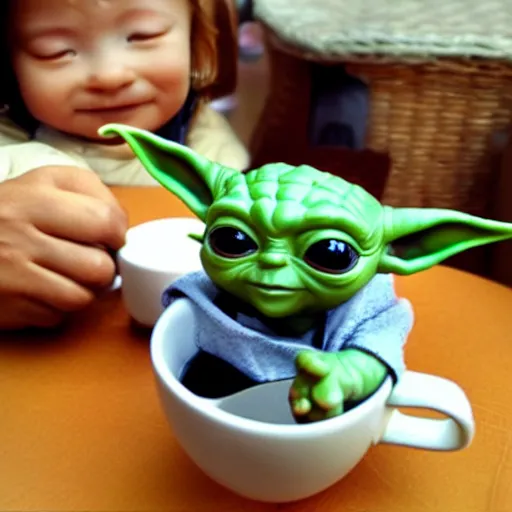 Image similar to baby yoda drinking green tea