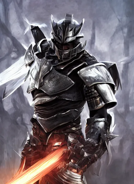 Prompt: An epic fantasy comic book style portrait painting of A black man wearing a silver samurai armor made of blades, Unreal 5, DAZ, hyperrealistic, octane render, cosplay, RPG portrait, dynamic lighting