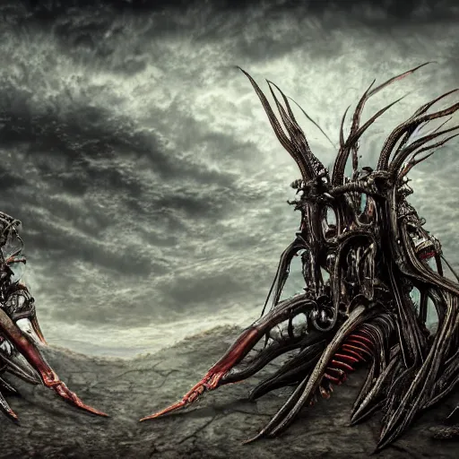 Image similar to conjoined demon twins sitting in a desert holding knives by Yoshitaka Amano, by HR Giger, biomechanical, 4k, hyper detailed, hyperrealism, anime, a Broken World demons flying overhead, red sky, deviantart, artstation