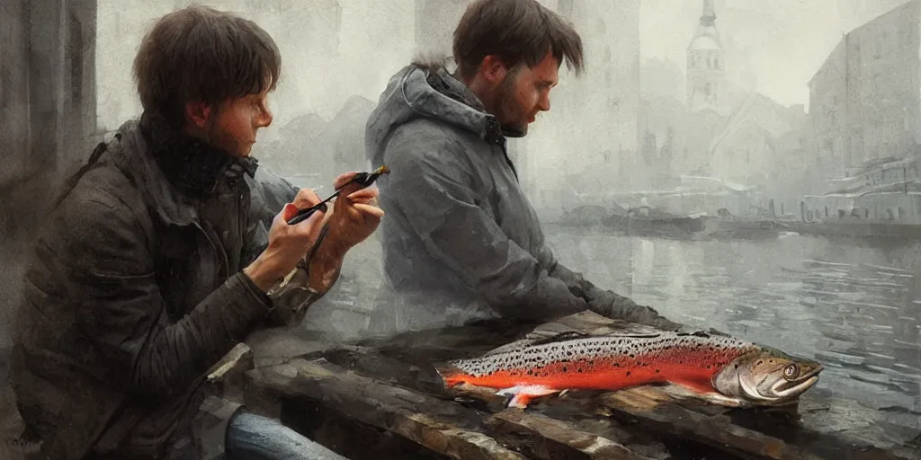 Image similar to journalist in oslo eating a trout, art by greg rutkowski