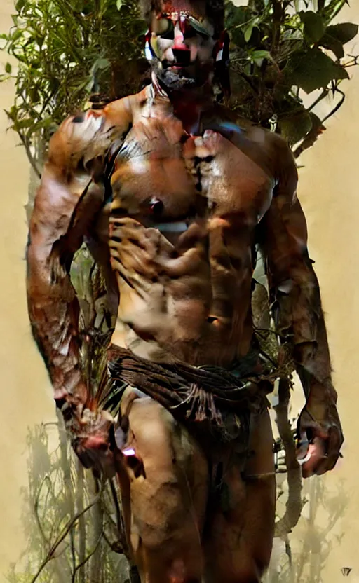 Image similar to god of the forest, 40 years old, rugged, male, gorgeous, detailed face, anatomically correct hands!!!!!!, amazing, thighs!!!!!!, muscular, intricate, highly detailed, digital painting, artstation, concept art, sharp focus, illustration, art by greg rutkowski and alphonse mucha