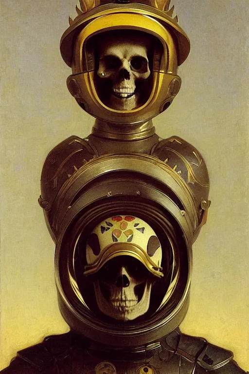 Image similar to portrait of a skull man astronaut with chinese dragon armor and helmet, majestic, solemn, by bouguereau