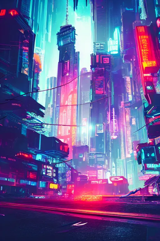 Prompt: cyberpunk city with a flight vehicle glowing in the sky, neon sign, cinematic composition, wide shot, bladerunner, digital illustration, concept art