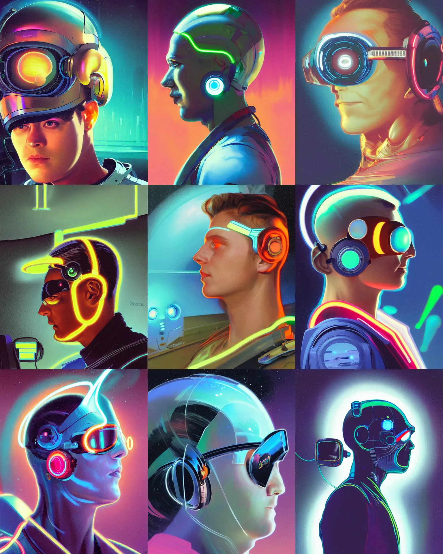 Prompt: side view future coder man, sleek cyclops display over eyes and glowing headset, neon accents, holographic colors, desaturated headshot portrait digital painting byjohn berkey, tom whalen, alex grey, alphonse mucha, donoto giancola, dean cornwall, rhads, astronaut cyberpunk electric lights profile