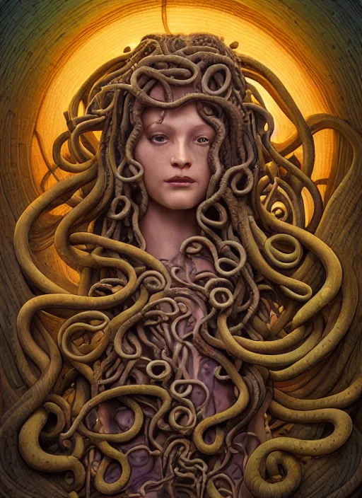 Image similar to medusa with tentacle hair, wooden art nouveau swirls, strong subsurface scattering, cables, tubes, subsurface scattering, in the style of james jean and tomasz alen kopera and giger, subsurface scattering, mystical colors, rim light, soft lighting, 8 k, stunning scene, raytracing, octane render, trending on artstation