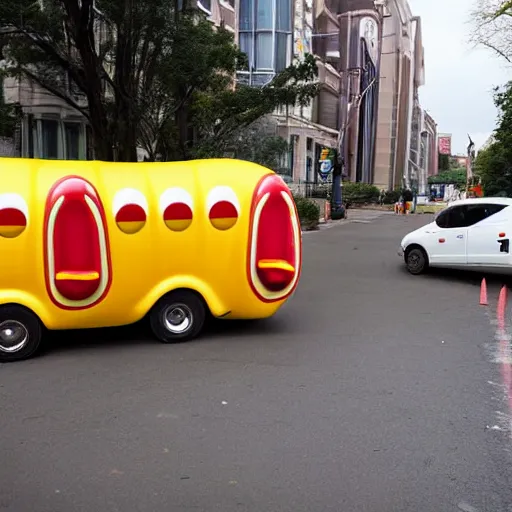 Prompt: very weird, very wrong concept of the Oscar Mayer Wienermobile on the street, photograph