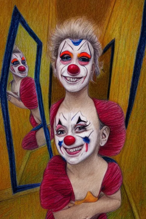 Prompt: colour pencil drawing of a Clown girl in a hallway of mirrors