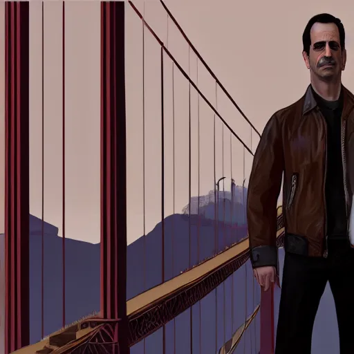 Image similar to full - frame of tony shalhoub, wearing a brown leather - jacket, as a character from gtav, looking at camera, intricate, extremely detailed, in the background golden gate bridge, concept art, artstation