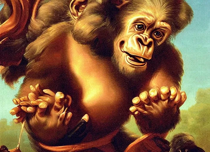 Prompt: baroque rococo painting The Fancy Royal Gorilla Greg Hildebrandt high detail cute