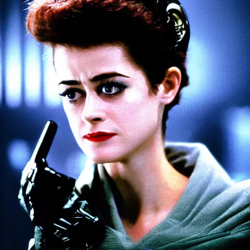 Prompt: close up portrait of a young sean young as rachael tyrell in blade runner at tyrell headquarters photographed by annie leibovitz, artdeco, cyberpunk, colorful!, nighttime!, raining!