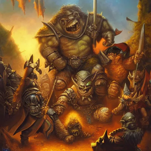 Prompt: knights vs orcs, oil painting by justin gerard, deviantart