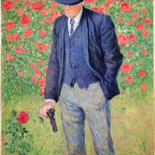 Image similar to an impressionist painting of a tall older man standing in a field of roses with blue eyes that is wearing a wide brim hat and a leather vest with a blue shirt. He is holding a revolver in his left hand and a rose is in his right hand.